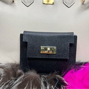 Black Genuine Epsom Leather Coin Purse Compact Card Holder with Gold Hardware.